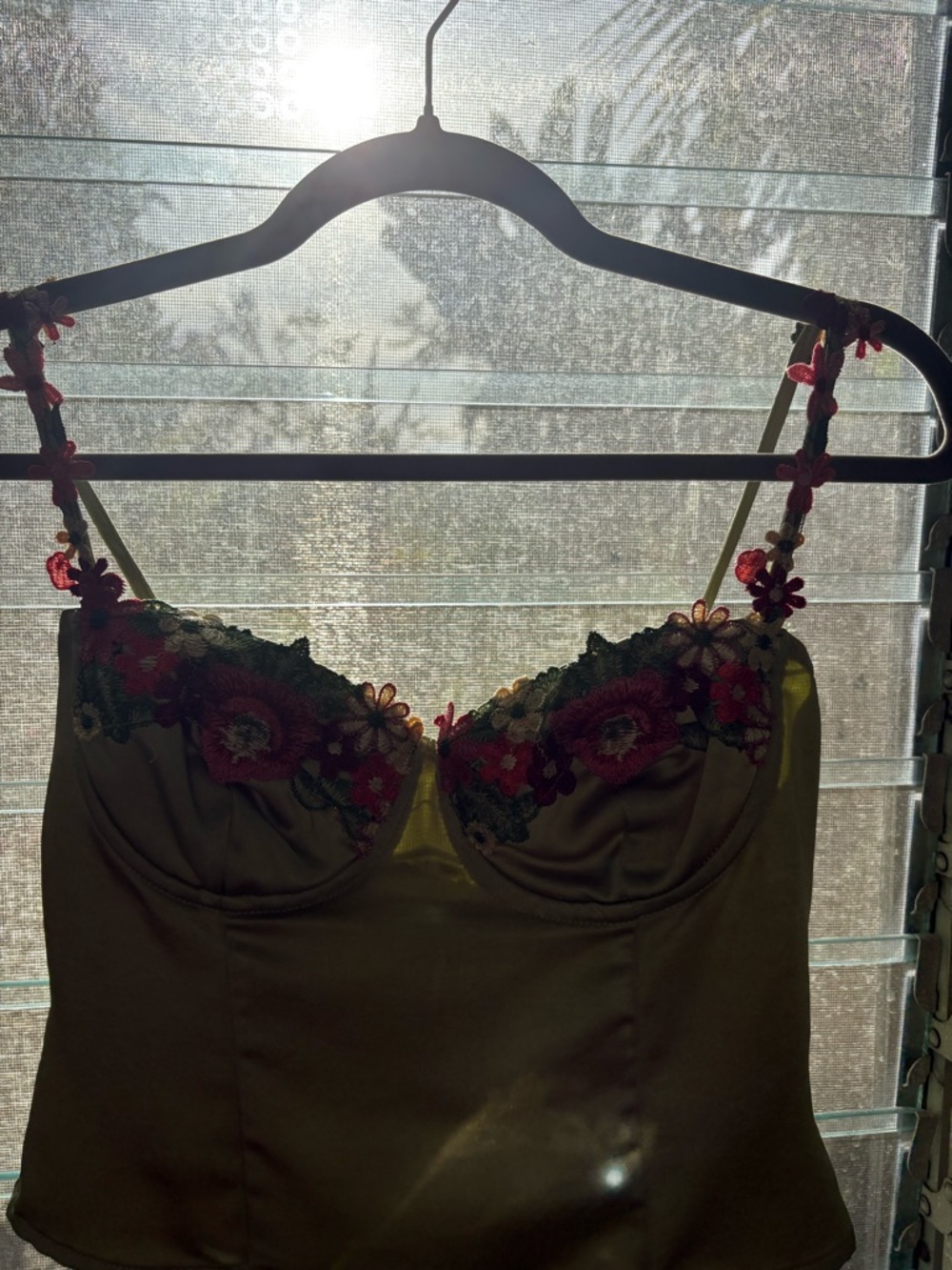 Princess Polly Olive Green Bustier Tank with Red Floral Lace